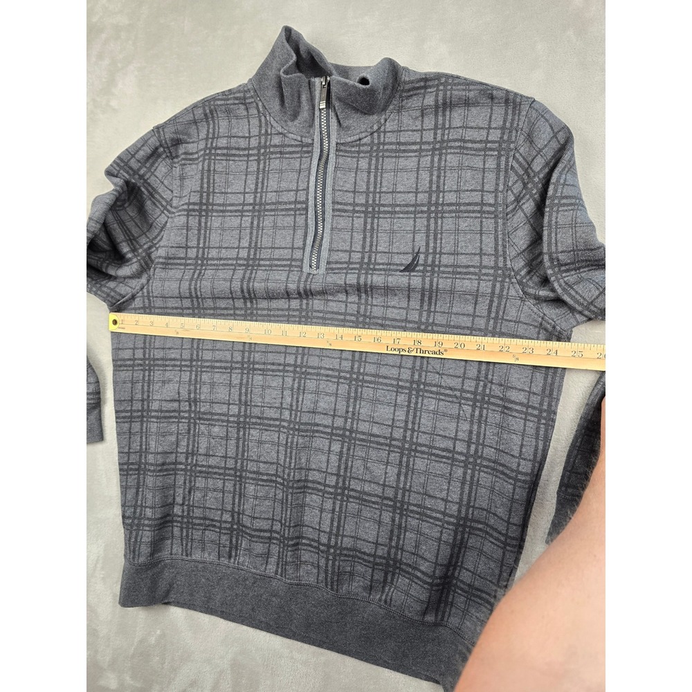 Nautica Quarter Zip Sweater Men XL Gray Plaid Long Sleeve Fleece Pullover - Picture 4 of 8